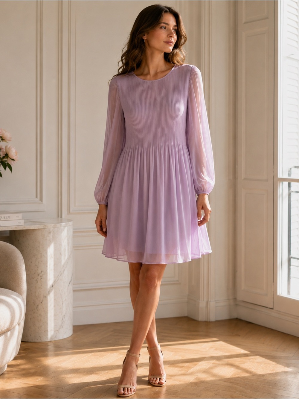Aritzia Wilfred Daydreamer Mini Dress Lilac Pleated Long Sleeve Size Small